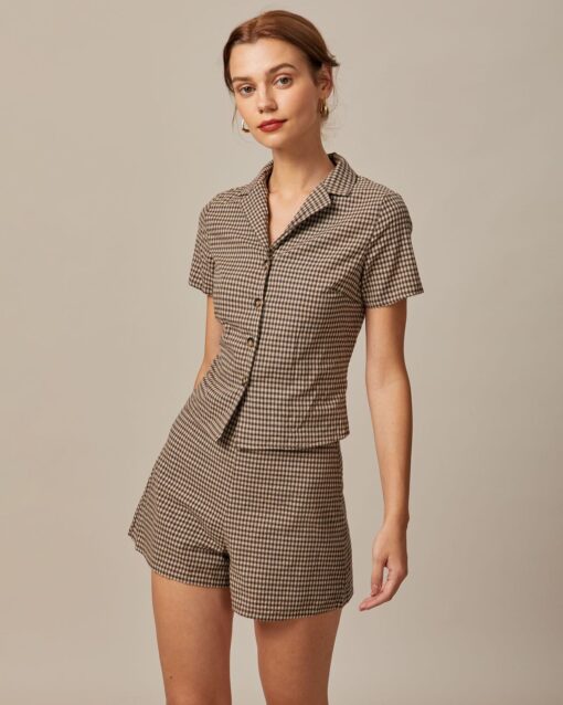 The Brown High Waisted Plaid Shorts - Image 3