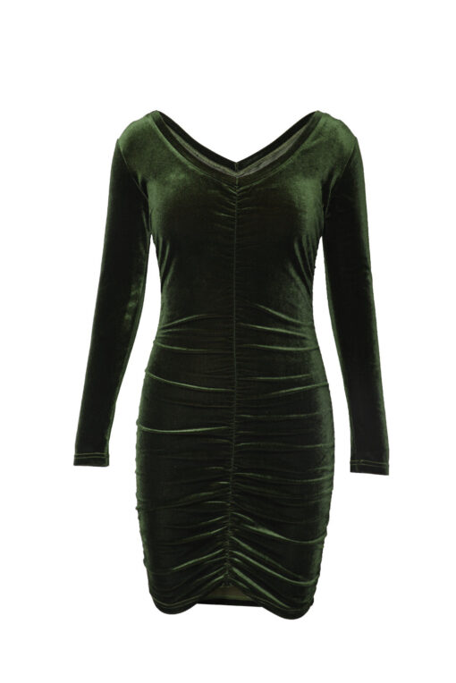 Women's Long Sleeve Ruched Bodycon Velvet Dress Elegant Cocktail Party Mini Dress - Image 16