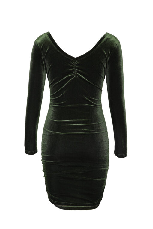 Women's Long Sleeve Ruched Bodycon Velvet Dress Elegant Cocktail Party Mini Dress - Image 17
