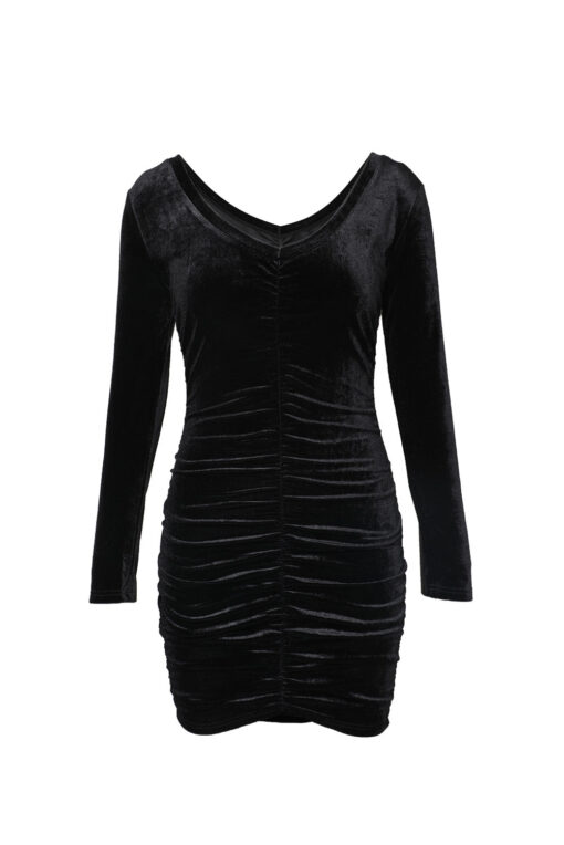 Women's Long Sleeve Ruched Bodycon Velvet Dress Elegant Cocktail Party Mini Dress - Image 6