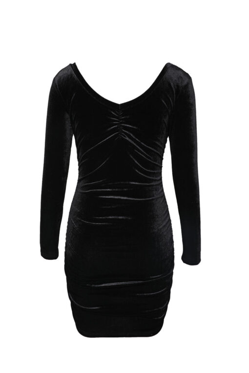 Women's Long Sleeve Ruched Bodycon Velvet Dress Elegant Cocktail Party Mini Dress - Image 7